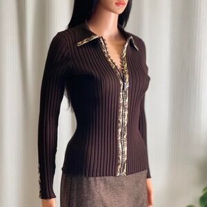 Vintage Y2K Belldini Ribbed Rhinestone Zip Front Sweater Leopard Trim Brown Sz S